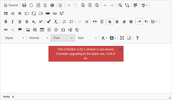 This CKEditor 4.22.1 version is not secure. Consider upgrading to the latest one, 4.24.0-lts.